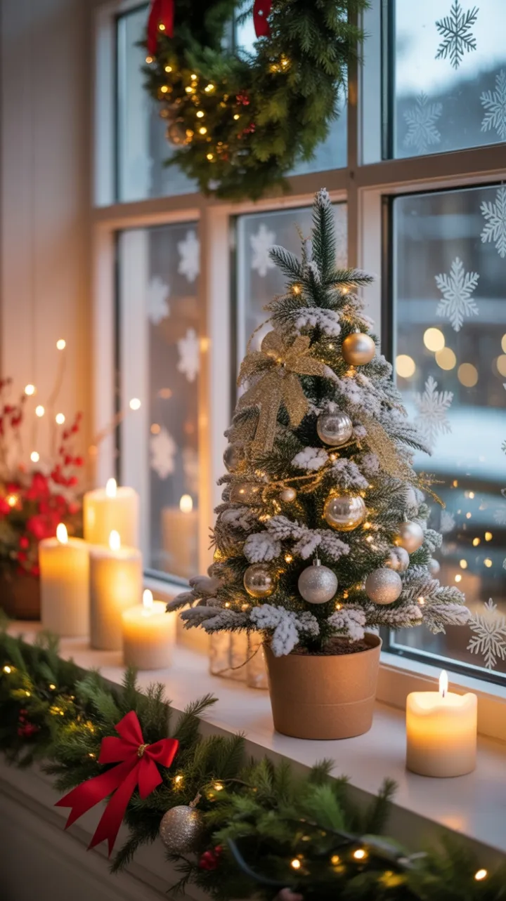 Snow-Kissed Windowsill with Silver and Gold Holiday Glow