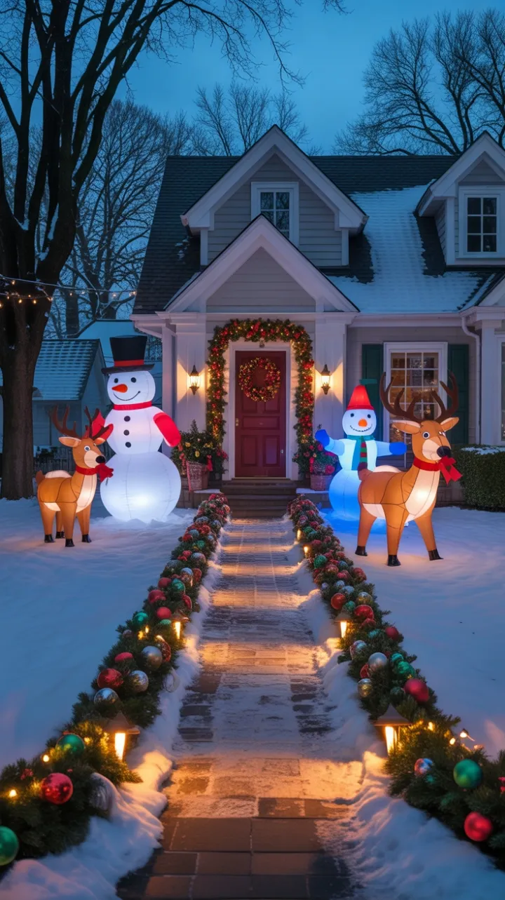 Dusk-Kissed Holiday Haven with Twinkling Lights and Whimsical Snowmen