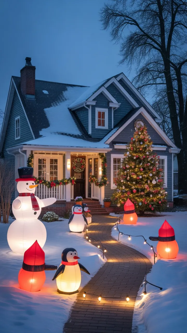 Twinkling Holiday Welcome with Inflatable Snowmen and Falling Snow