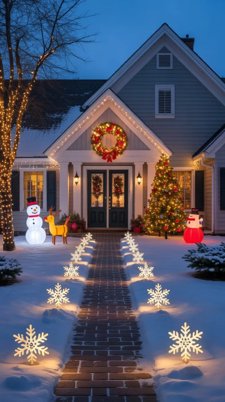 Glowing Snowflake Pathway to a Wreath-Adorned Holiday Home