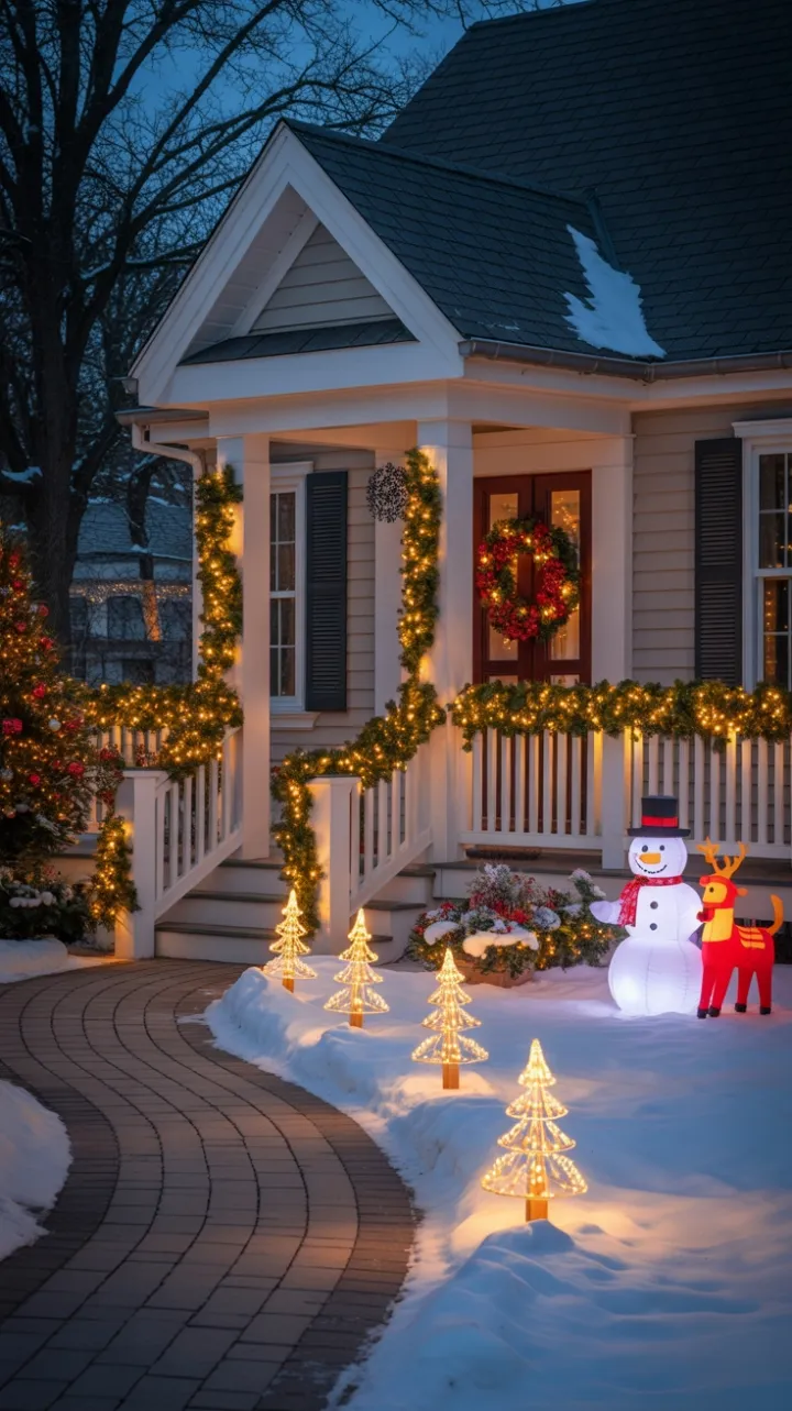 Twinkling Christmas Welcome on a Snow‑Dusted Front Porch