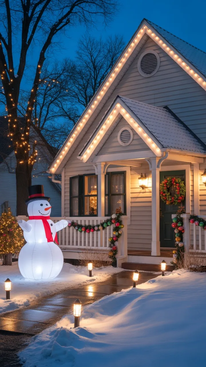 Snowy Suburban Home Wrapped in a Warm Holiday Glow