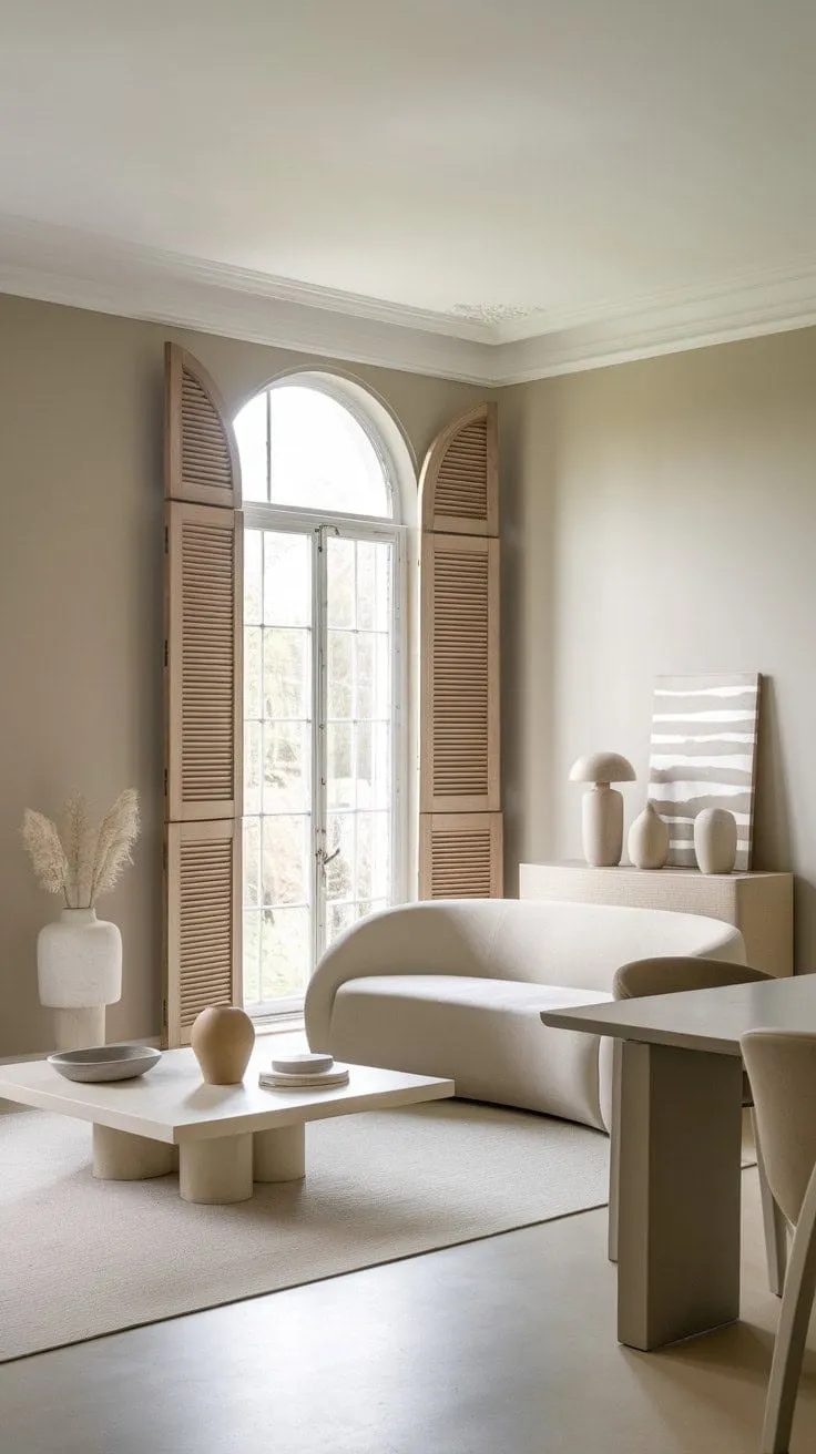This modern dining room exudes understated luxury with its serene color palette and abundant natural light, creating a tranquil haven of refined simplicity.