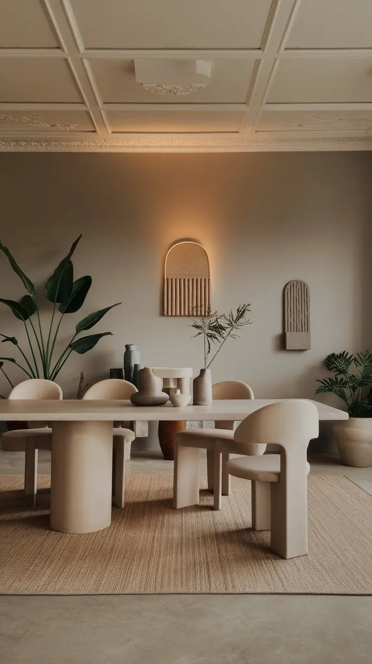 Bathed in warm lighting, this neutral dining room exudes understated elegance with its serene beige tones, modern white table, and personality-infused decor.