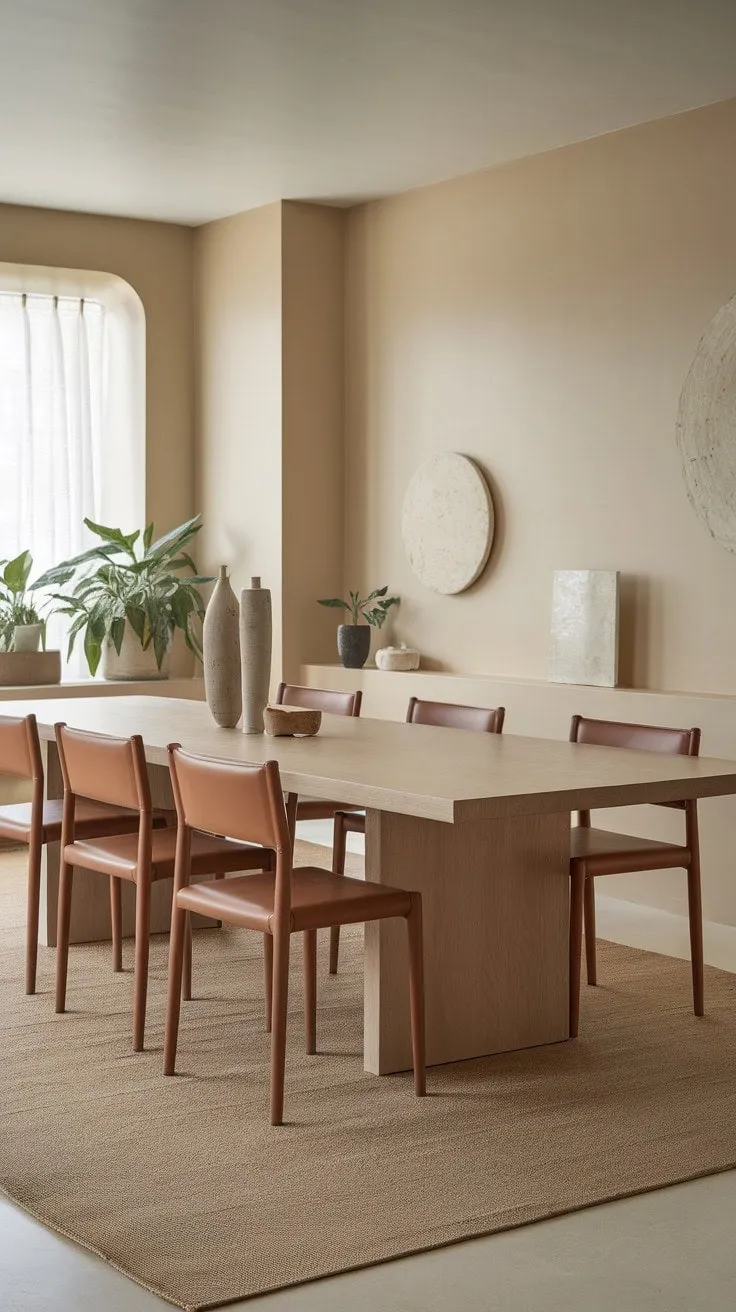 This modern dining space, with its neutral tones and inviting ambiance, features a striking wooden table that beckons for shared meals and cherished moments.