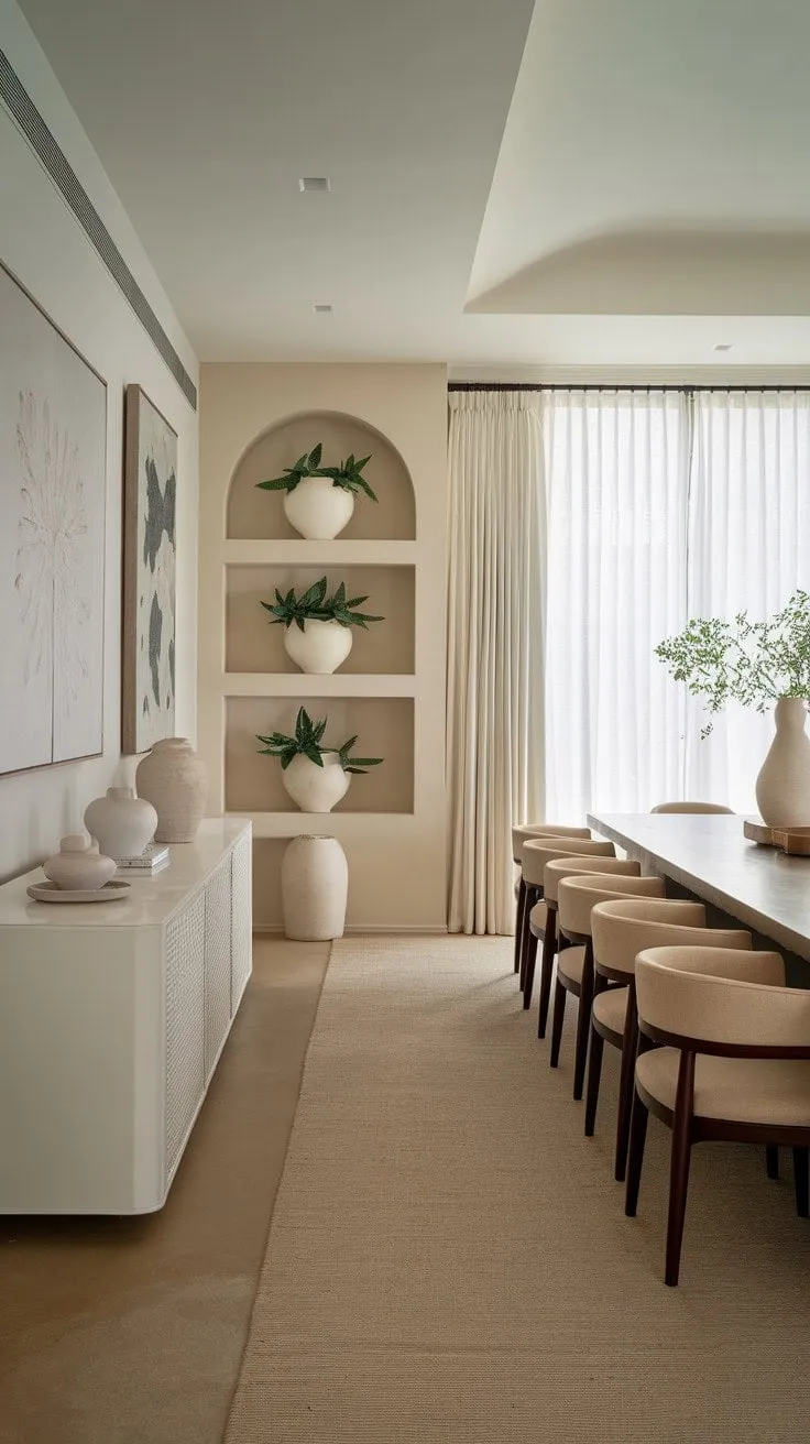 This serene modern dining room, with its airy light and neutral tones, beautifully balances personality and tranquility, making everyday moments feel extraordinary.