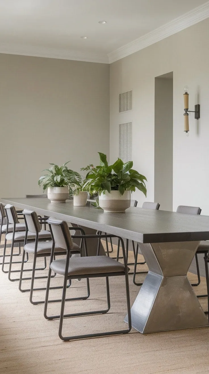 This serene light gray dining room, featuring a striking wooden table and select potted plants, invites quiet contemplation and meaningful conversations in its understated elegance.