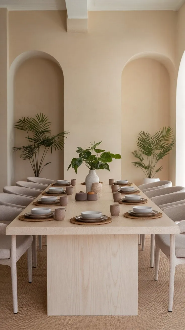 This serene dining room, adorned with soft beige walls and a light wood table, exudes understated elegance, inviting cherished memories in its tranquil embrace.