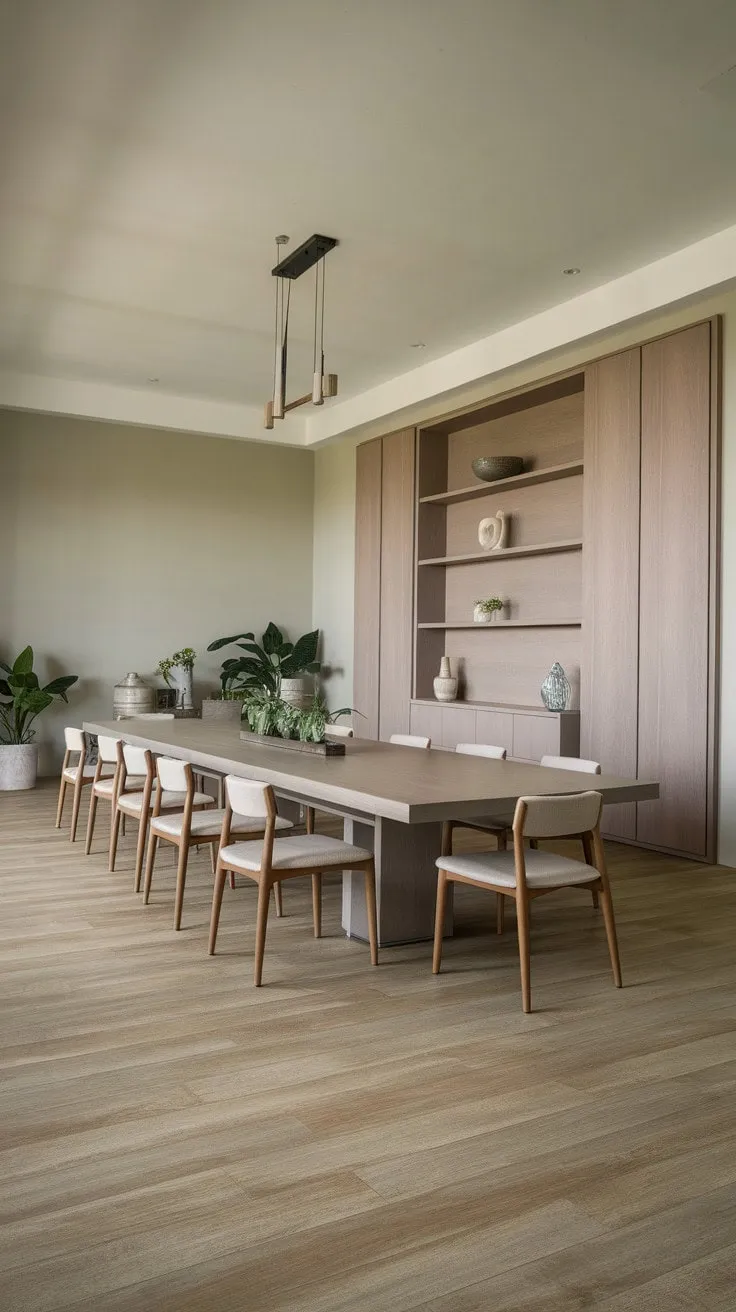 Bathed in soft grey light, this modern dining room harmoniously blends simplicity and elegance, inviting convivial evenings around a long table surrounded by cozy chairs and soothing wooden accents.