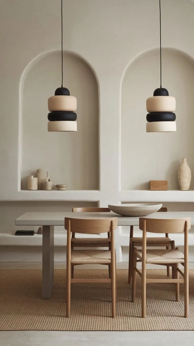 In this neutral dining space, subtle sophistication and modern minimalism harmonize through a rich interplay of textures, crafting a calming atmosphere of understated elegance.