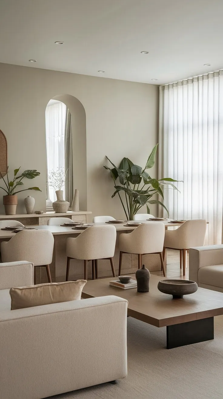 This neutral dining room features modern design elements with a long dining table, beige chairs, and stylish decor that inspires elegant dining room table decor.