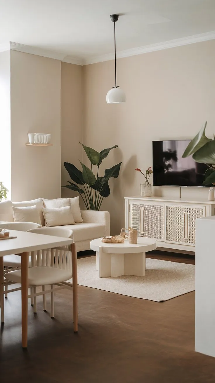 The modern design of this neutral dining room, highlighted by a beige sofa and white coffee table, provides perfect dining room inspo and chic dining room table decor.