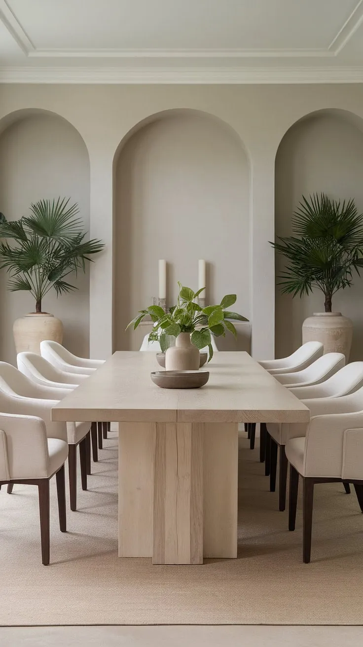 This neutral dining room decor features a modern design with a light wood dining table, beige upholstered chairs, and potted plants, offering stylish dining room inspo.