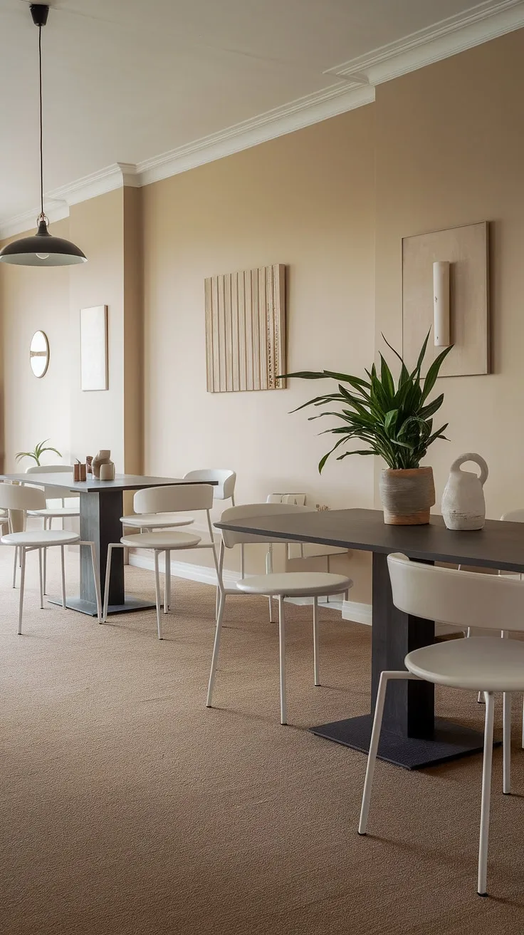 With its beige walls, dark grey dining table, and white chairs, this neutral dining room showcases modern design and chic table decor, enhanced by a potted plant and elegant pendant lamp.