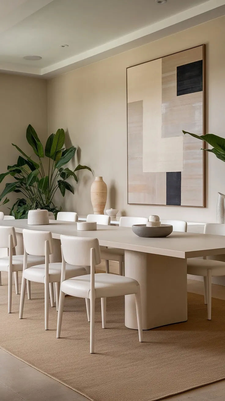With its chic beige palette, abstract art, and potted plants, this neutral dining room offers perfect dining room inspo for contemporary decor enthusiasts.
