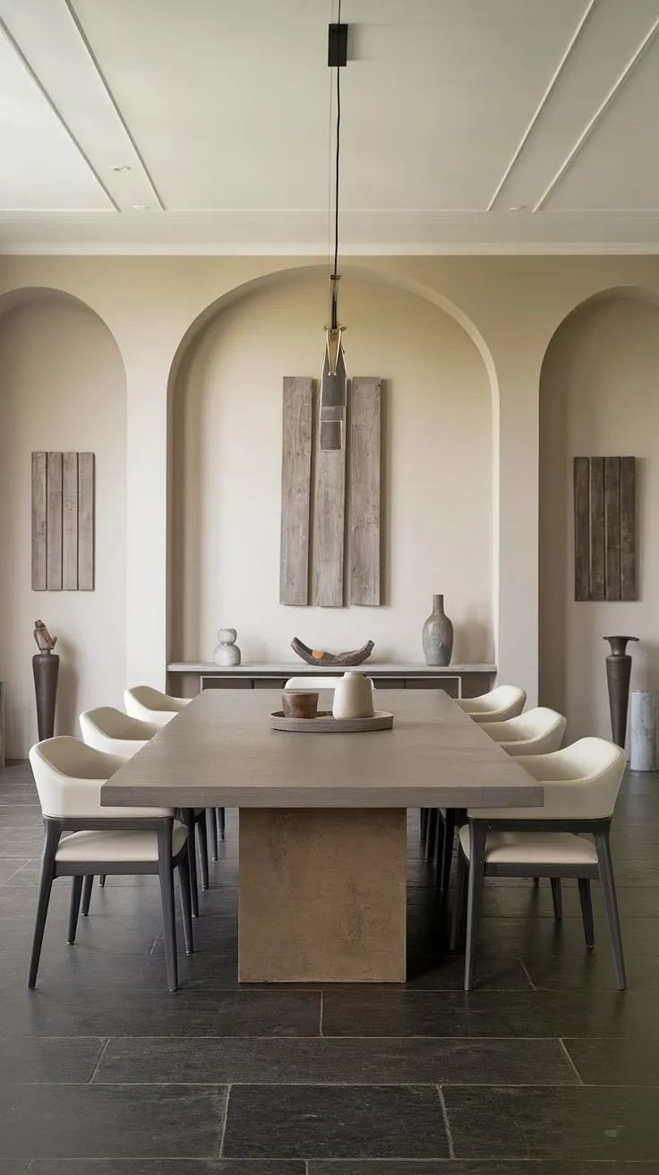 This neutral dining room decor features a modern design with a large dark grey dining table, white chairs, and stylish accents, making it perfect for dining room inspo.