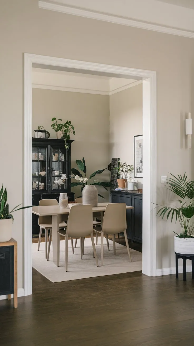 This neutral dining room decor features a modern design with a beige dining table, black cabinet, and potted plants, creating inspiring dining room inspo.