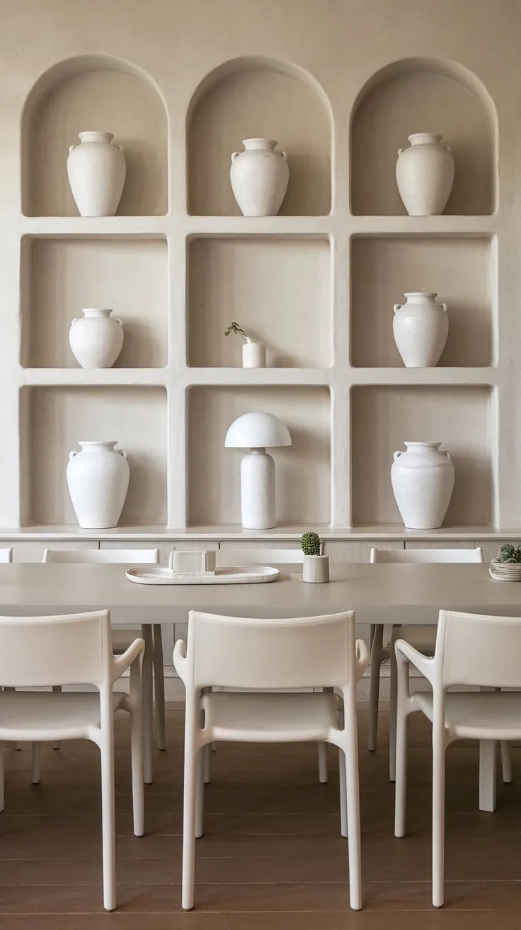 This neutral dining room decor features a modern design with a long dining table, white chairs, and a stylish shelf adorned with white pots, creating perfect dining room inspo.