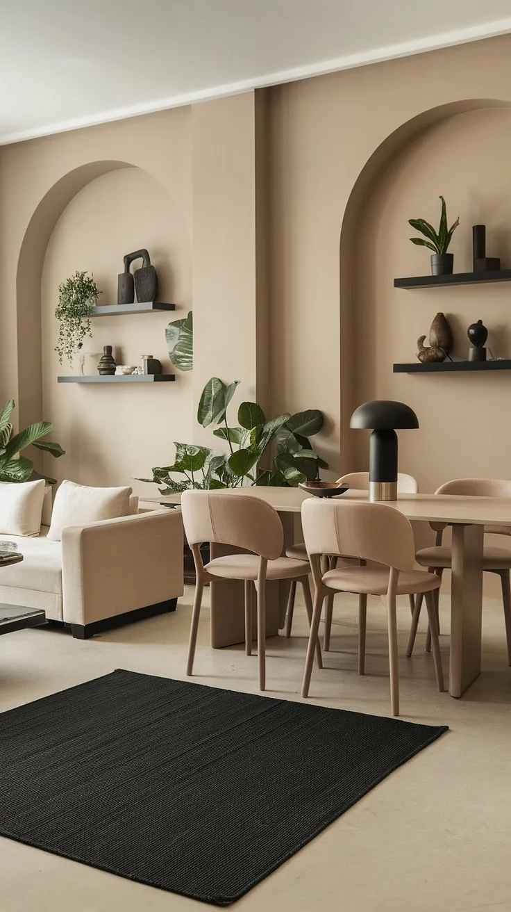 With its beige tones and stylish black accents, this neutral dining room showcases modern dining room design and elegant table decor that inspires a chic atmosphere.