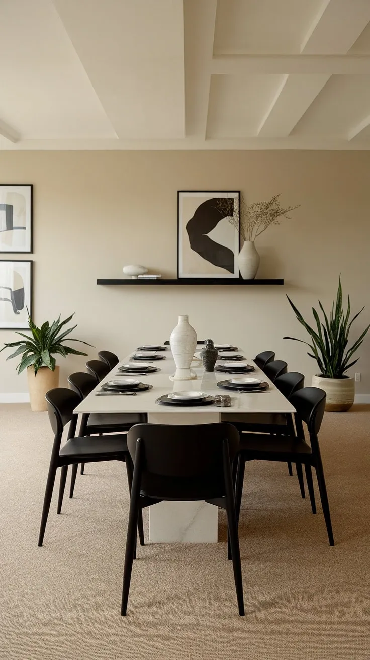 This modern dining room showcases neutral dining room decor with a long white table, black chairs, and stylish table decor, creating perfect dining room inspo.