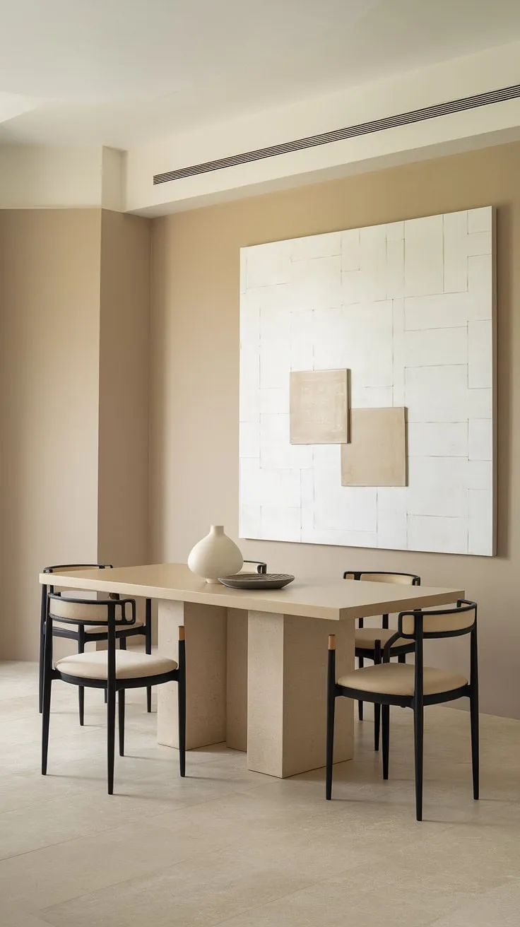 This well-lit neutral dining room features a beige wall and floor, a rectangular beige table with black chairs, and modern decor highlighted by a large abstract painting, making it perfect for dining room inspo.