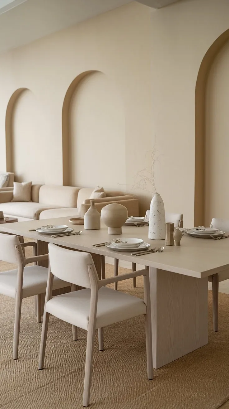 With its light wood dining table, beige walls, and stylish decor, this neutral dining room exemplifies modern dining room design and decor.
