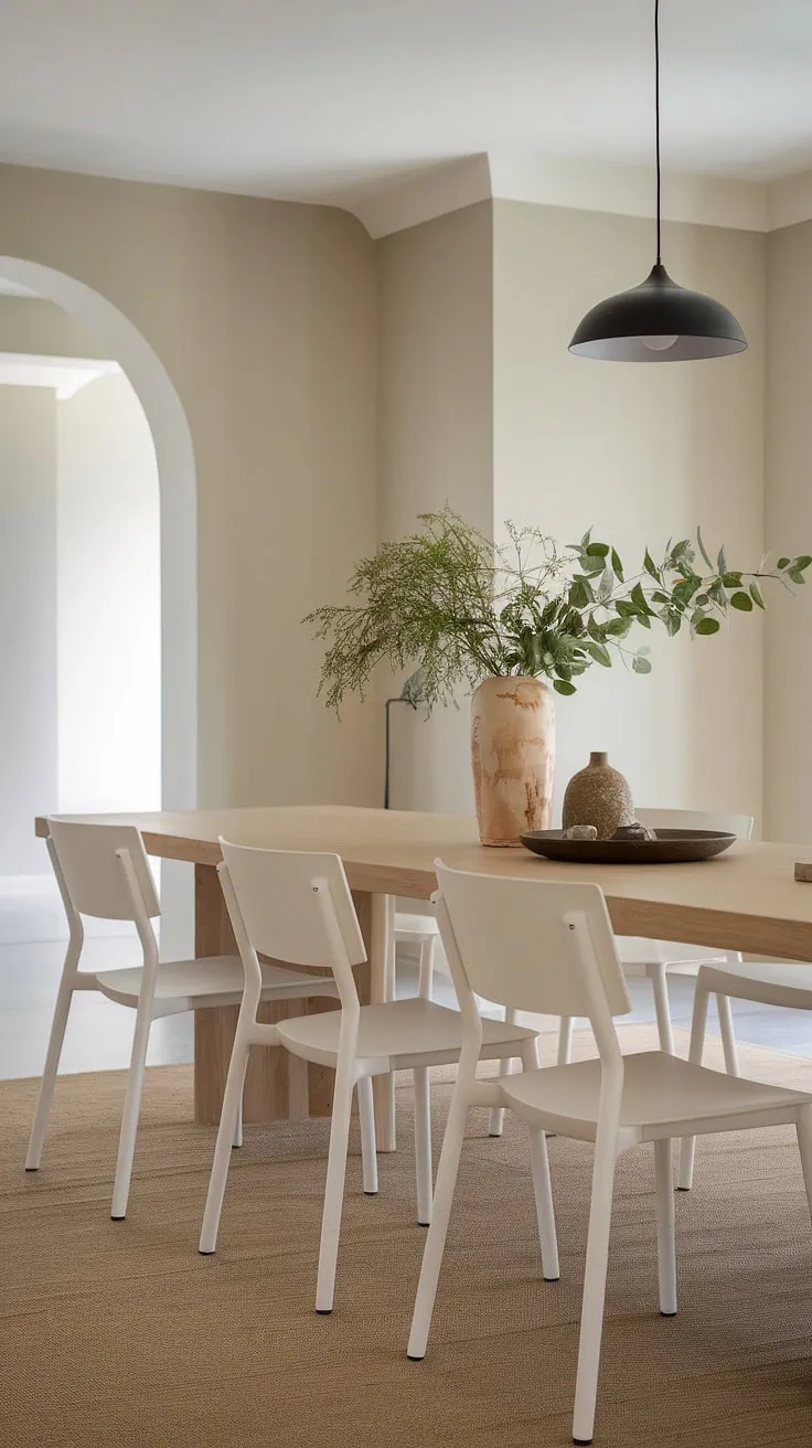 With its elegant neutral dining room decor, this modern dining room showcases a wooden table, white chairs, and chic accents for inspiring dining room design.