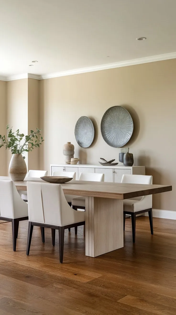 This modern dining room features a neutral color palette with a long wooden table, white chairs, and tasteful decor, making it the perfect inspo for neutral dining room decor.