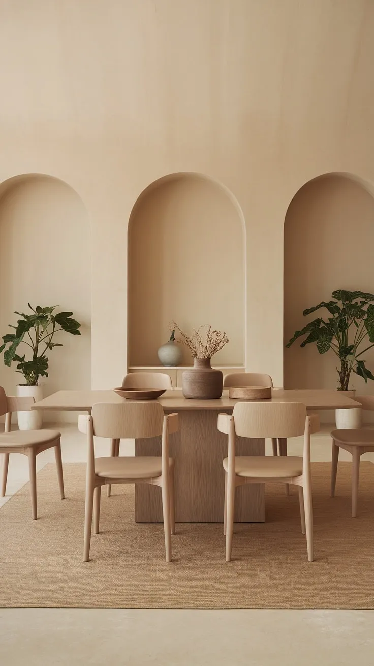 This modern dining room features a neutral color scheme with a light wooden table and chairs, complemented by soft beige walls and warm lighting, making it perfect for dining room inspo and decor.