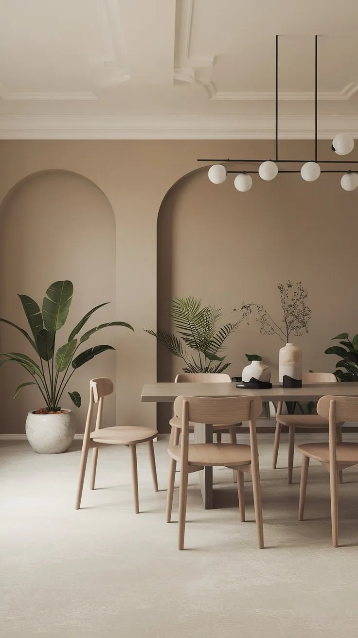 The elegant neutral dining room decor showcases a spacious wooden dining table surrounded by six chairs, complemented by soft lighting and potted plants for a stylish modern dining room design.