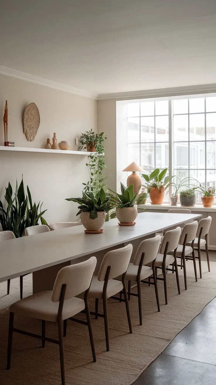 This neutral dining room features a long white table adorned with potted plants and beige chairs, creating modern dining room decor that inspires stylish table decor.