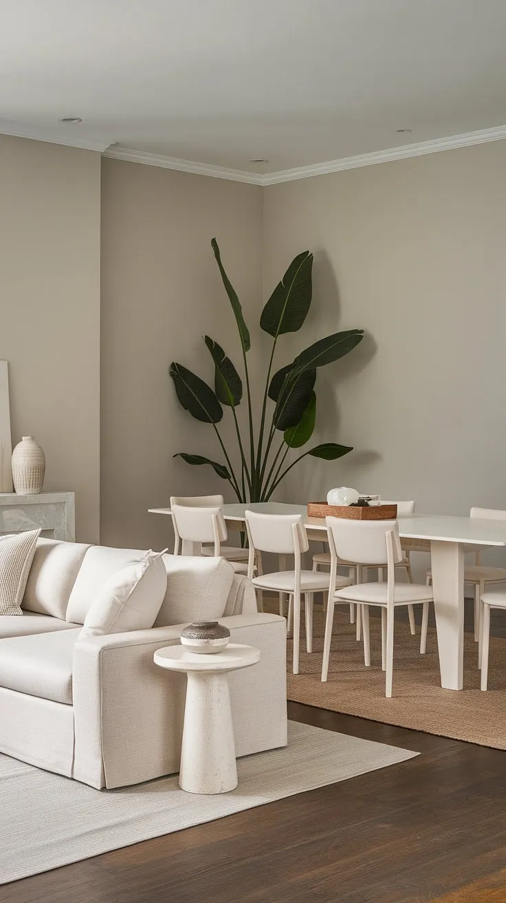 With its beige sofa, dark wood floor, and elegant touches, this neutral dining room offers perfect dining room inspo for contemporary living.