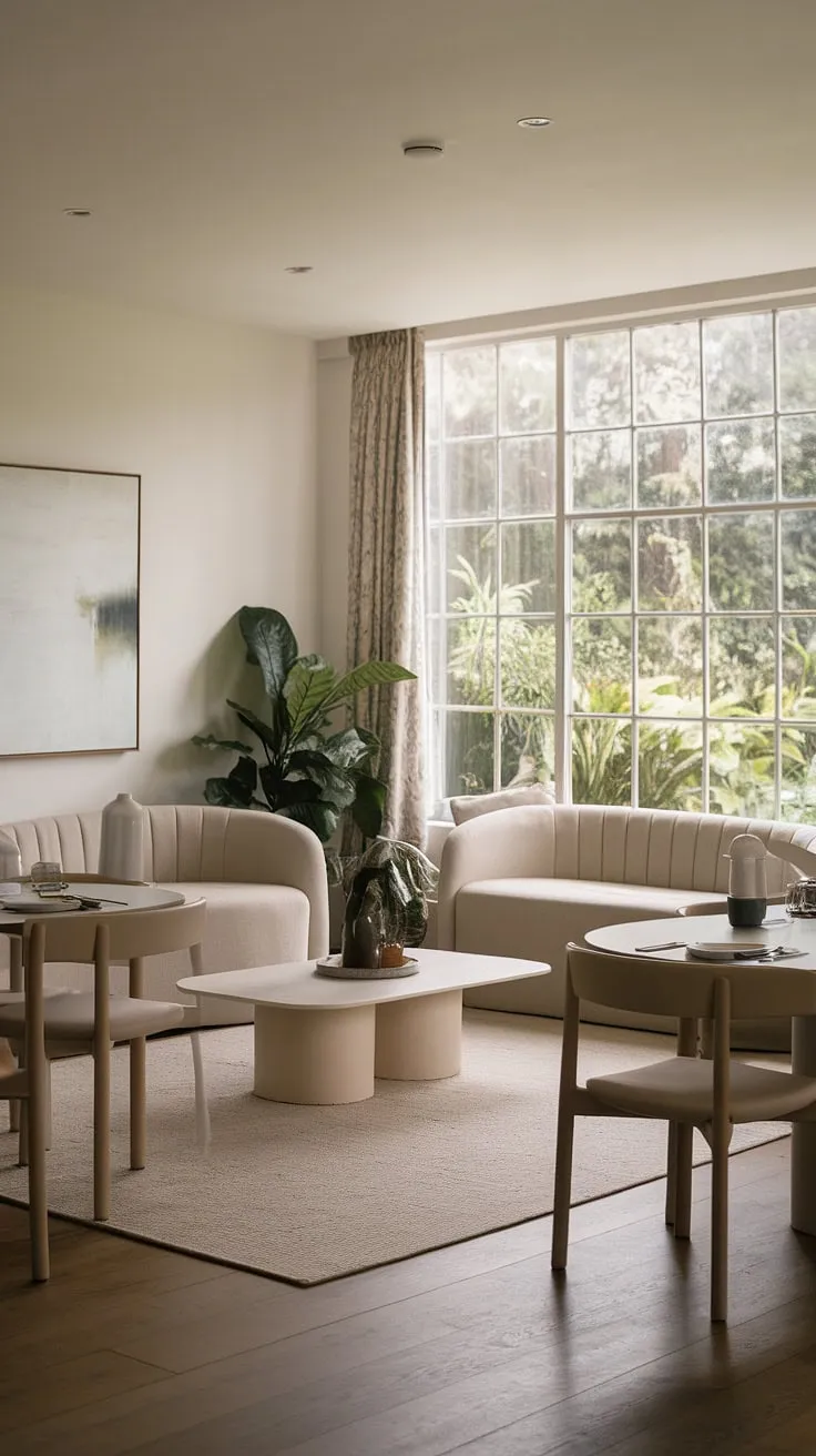 With its stylish blend of a beige sofa, white coffee table, and natural light, this neutral dining room showcases modern design and inspiring table decor ideas.