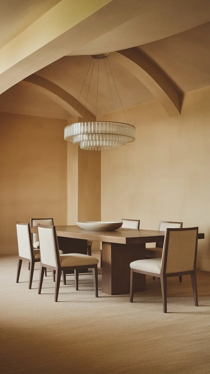 This stunning neutral dining room decor showcases modern design with a dark wood dining table, beige upholstered chairs, and a striking glass chandelier for perfect dining room inspo.