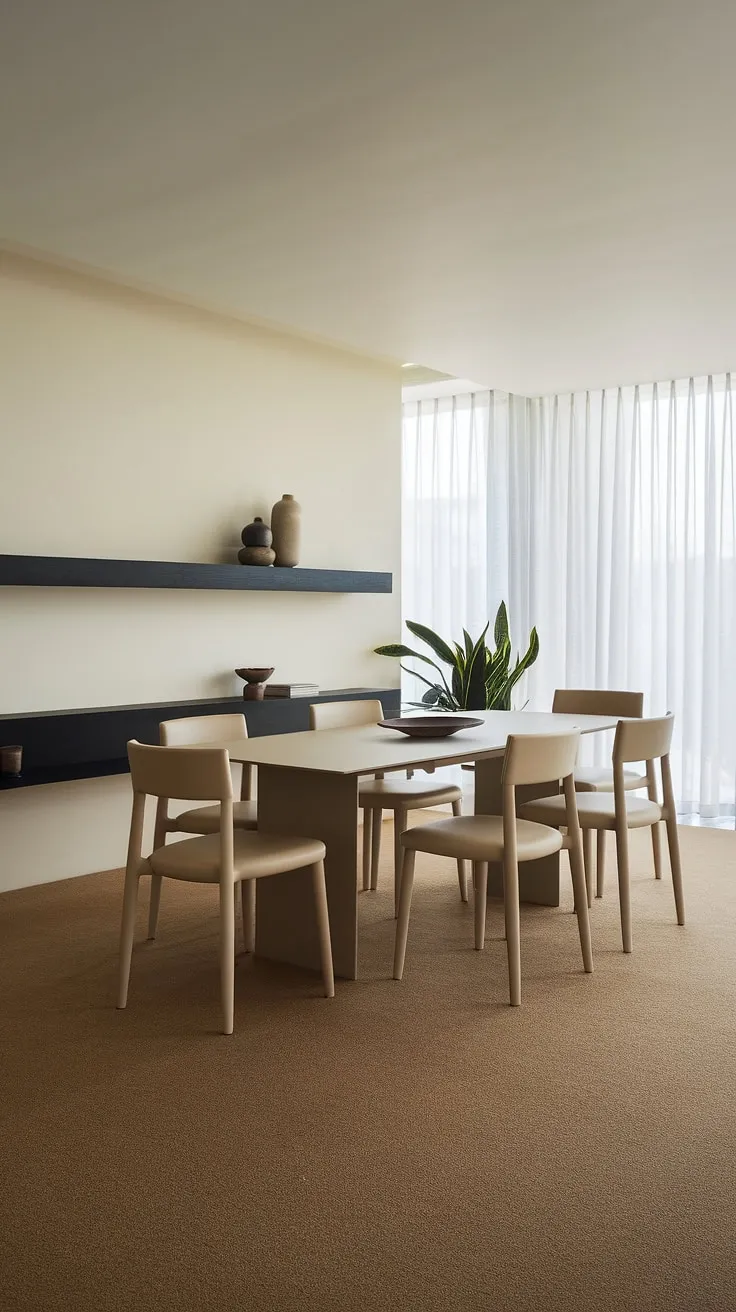 This modern dining room showcases neutral dining room decor with a beige table and chairs, complemented by a stylish black shelf and bright lighting for perfect dining room inspo.