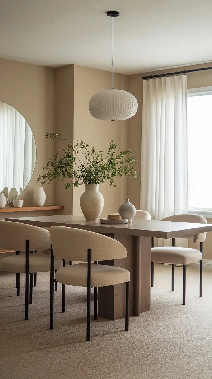 This neutral dining room decor features a modern design with beige walls, a stylish wooden table adorned with greenery, and elegant white curtains, making it the perfect dining room inspo.