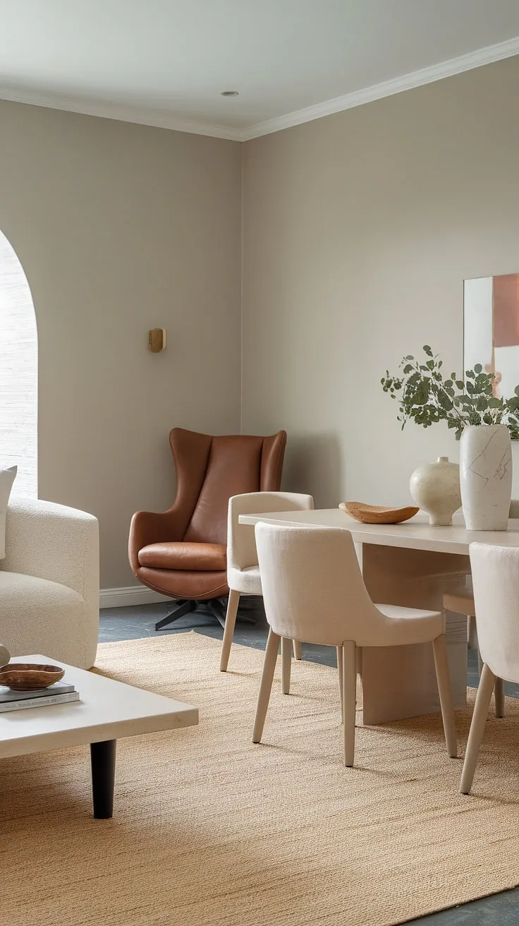 The light gray walls and beige furnishings create a chic backdrop for this modern dining room design, enhanced by thoughtful dining room table decor and a touch of greenery.