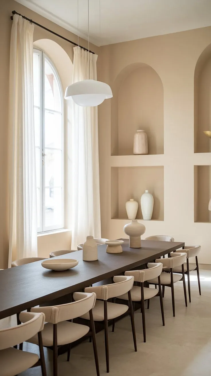 Bathed in natural light from a large window, this neutral dining room features a stylish dark brown table and beige chairs, ideal for contemporary dining room table decor.