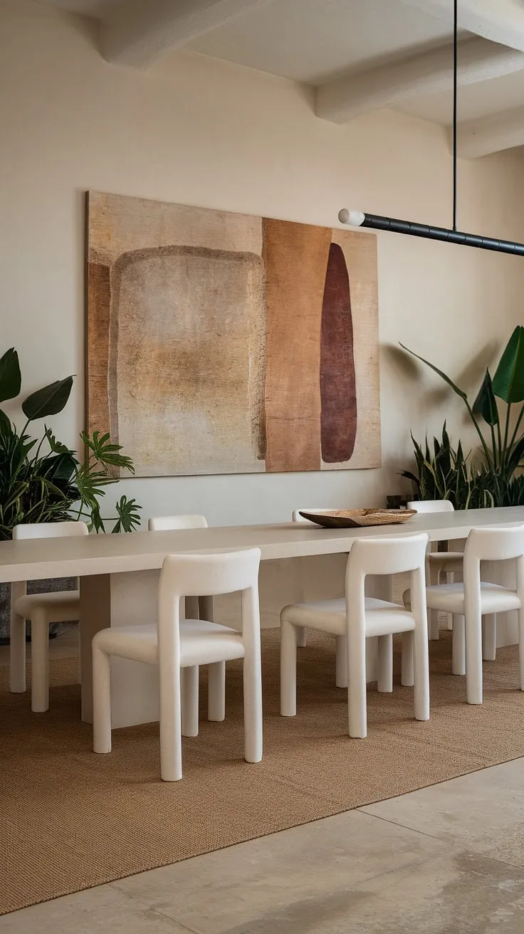 Featuring a blend of earthy tones and greenery, this neutral dining room design modernizes the space with a chic dining table and striking decor elements.