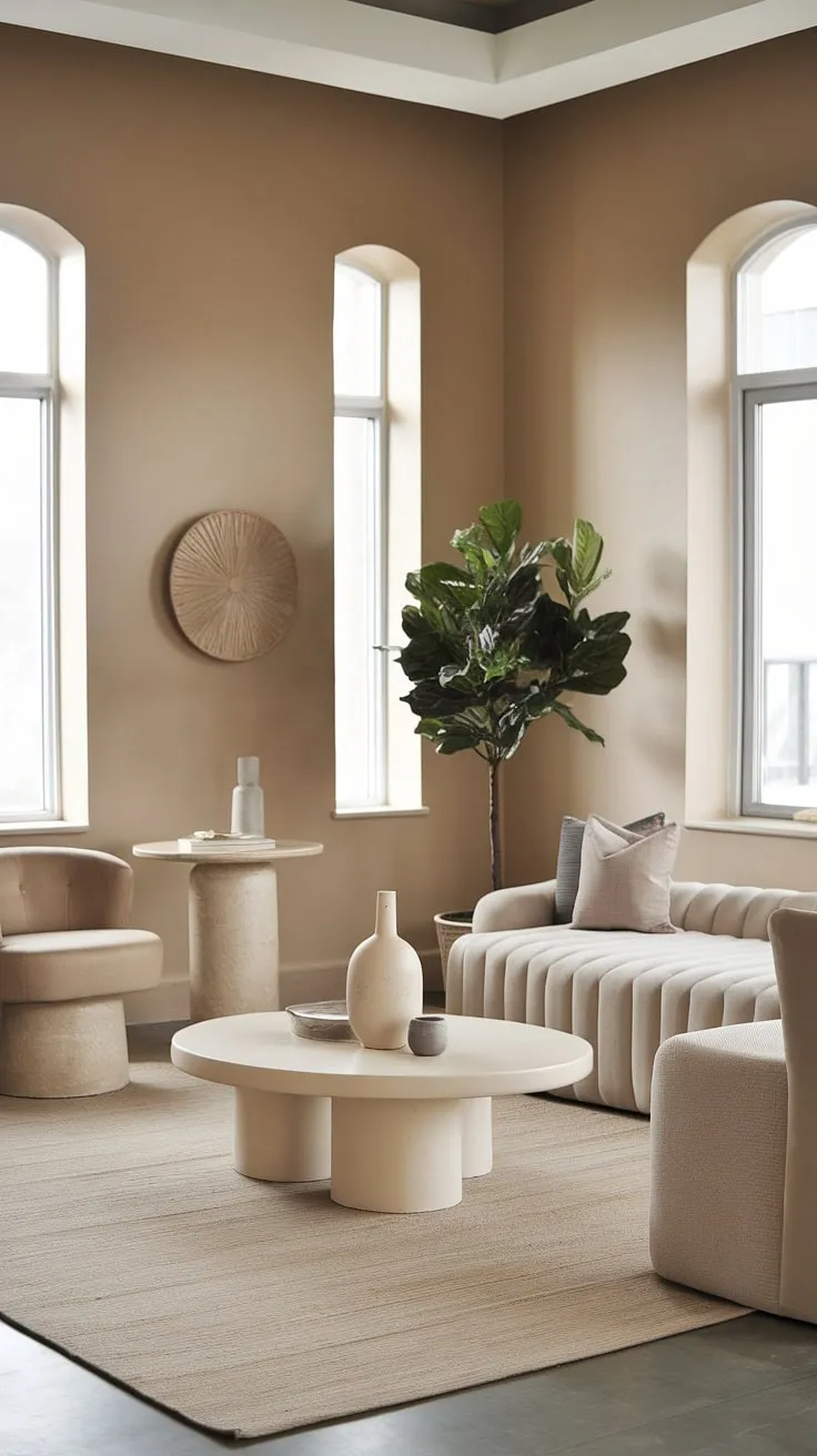 The modern dining room design showcases a neutral aesthetic with beige furnishings and decor, creating a chic backdrop for dining room inspo.