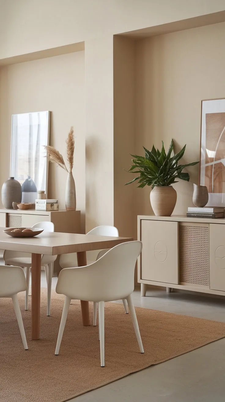 This neutral dining room decor features a modern design with a beige palette, a wooden dining table, white chairs, and stylish accents for perfect dining room inspo.