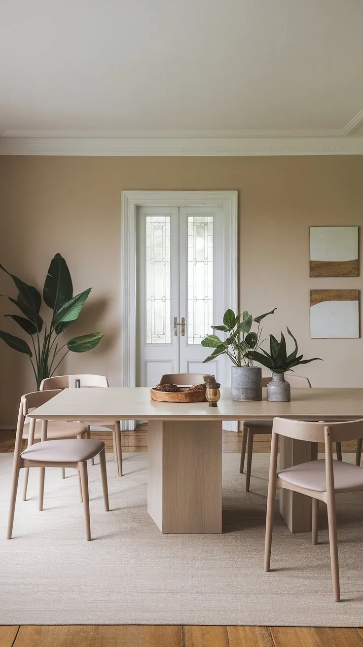 This neutral dining room decor features a modern design with a light-finished wooden table, potted plants, and art, offering perfect dining room inspo.