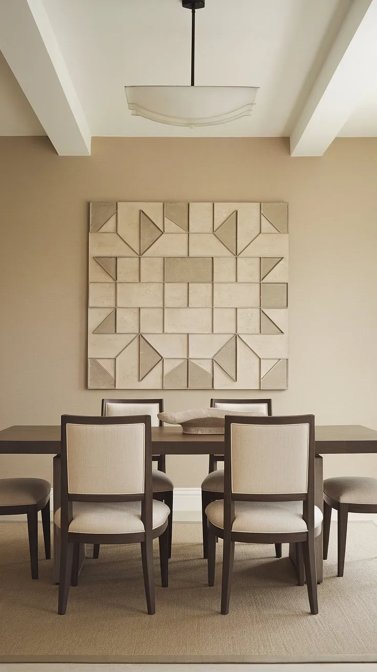 This neutral dining room decor features a modern design with a large dark wood dining table, beige upholstered chairs, and geometric wall art, making it perfect dining room inspo for stylish table decor.