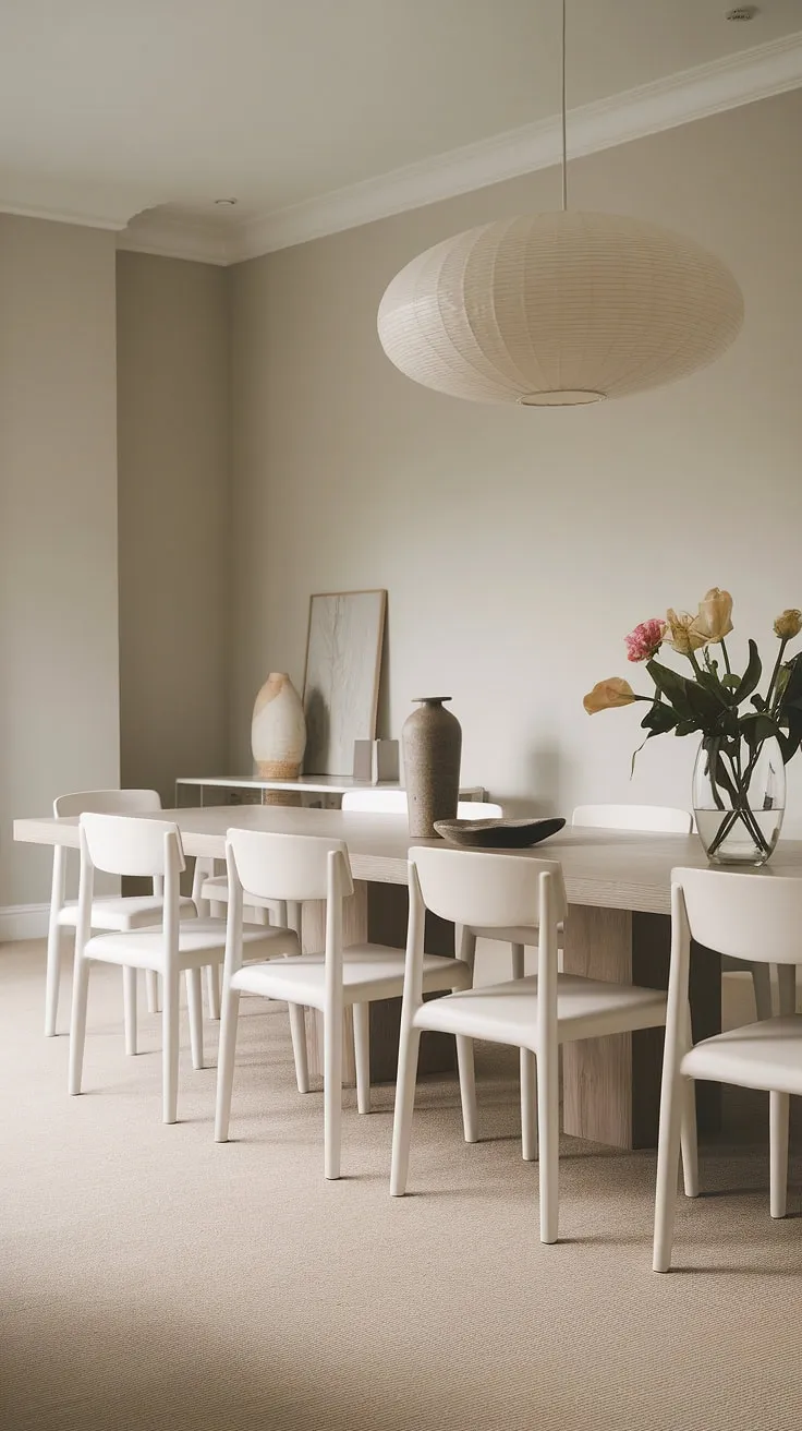 The light grey walls and stylish round pendant light enhance the neutral dining room's modern aesthetic, making it an ideal setting for dining room table decor.