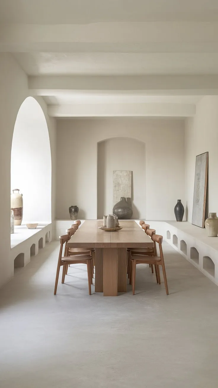 The light grey concrete flooring and white walls create a chic backdrop for this neutral dining room decor, perfect for modern dining room inspo.