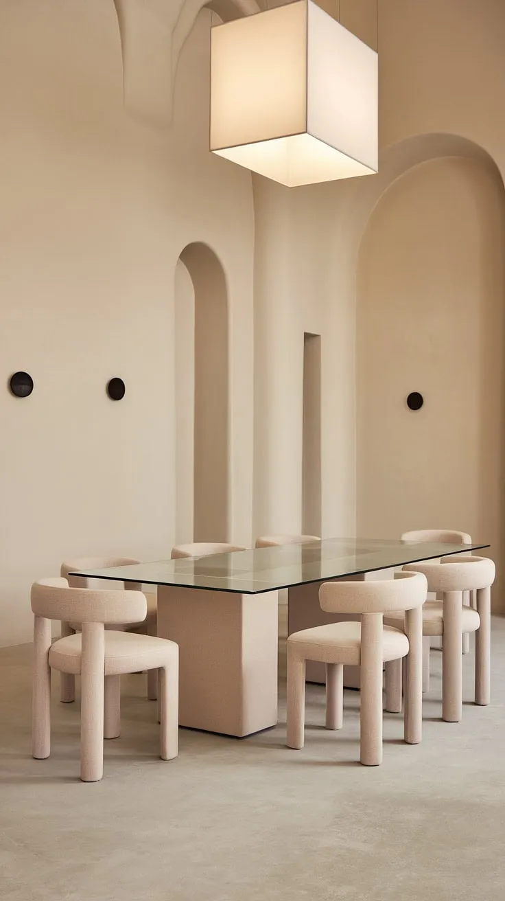 This neutral dining room decor features a modern design with a long glass-top table and beige upholstered chairs, offering stylish dining room inspo for elegant table decor.