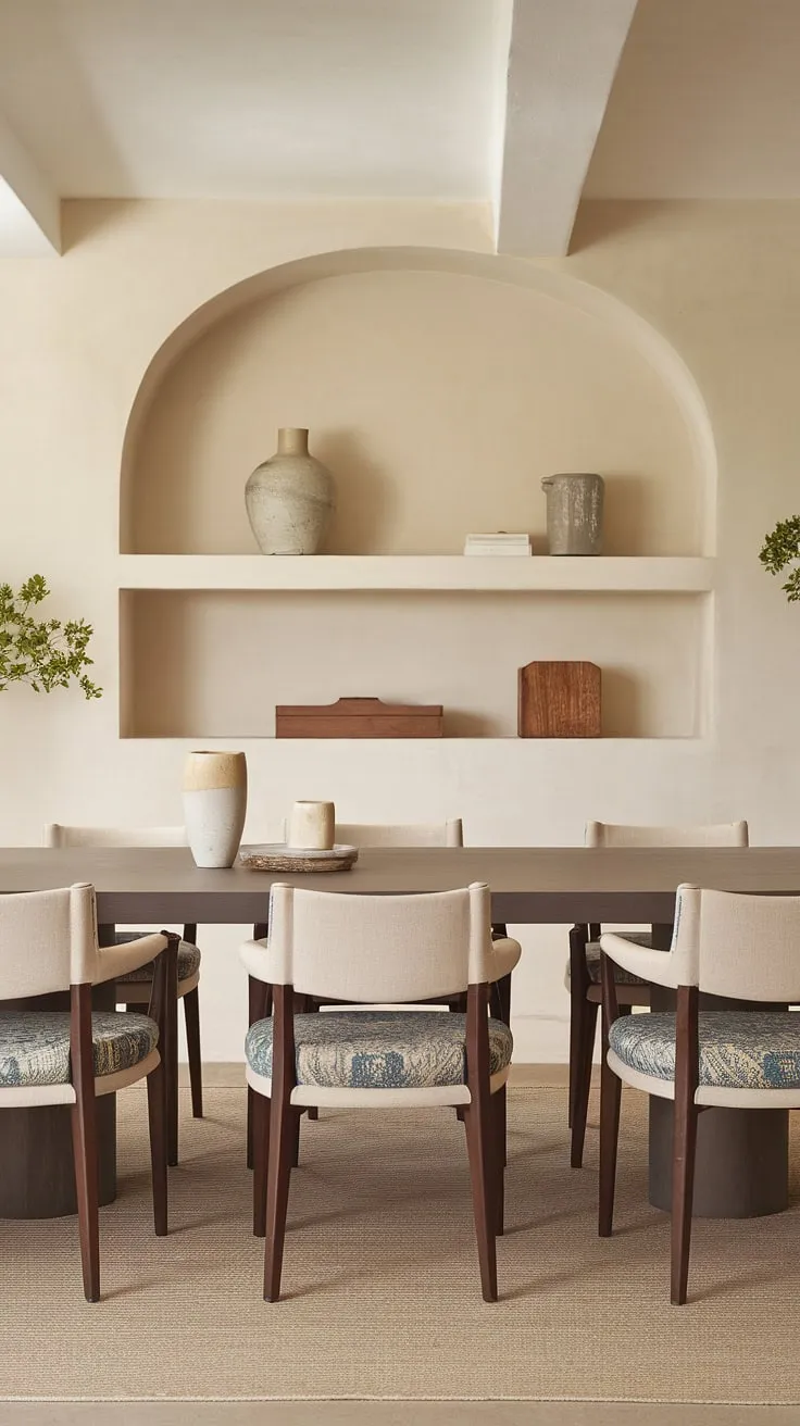 With its beige walls, patterned cushions, and carefully curated decor, this neutral dining room offers fresh dining room inspo for a contemporary space.