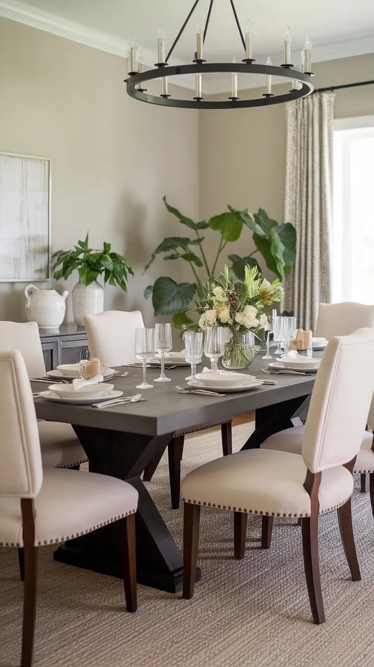 This modern neutral dining room features a dark wooden table with beige chairs, soft gray walls, and elegant decor, making it the perfect dining room inspo for stylish table settings.