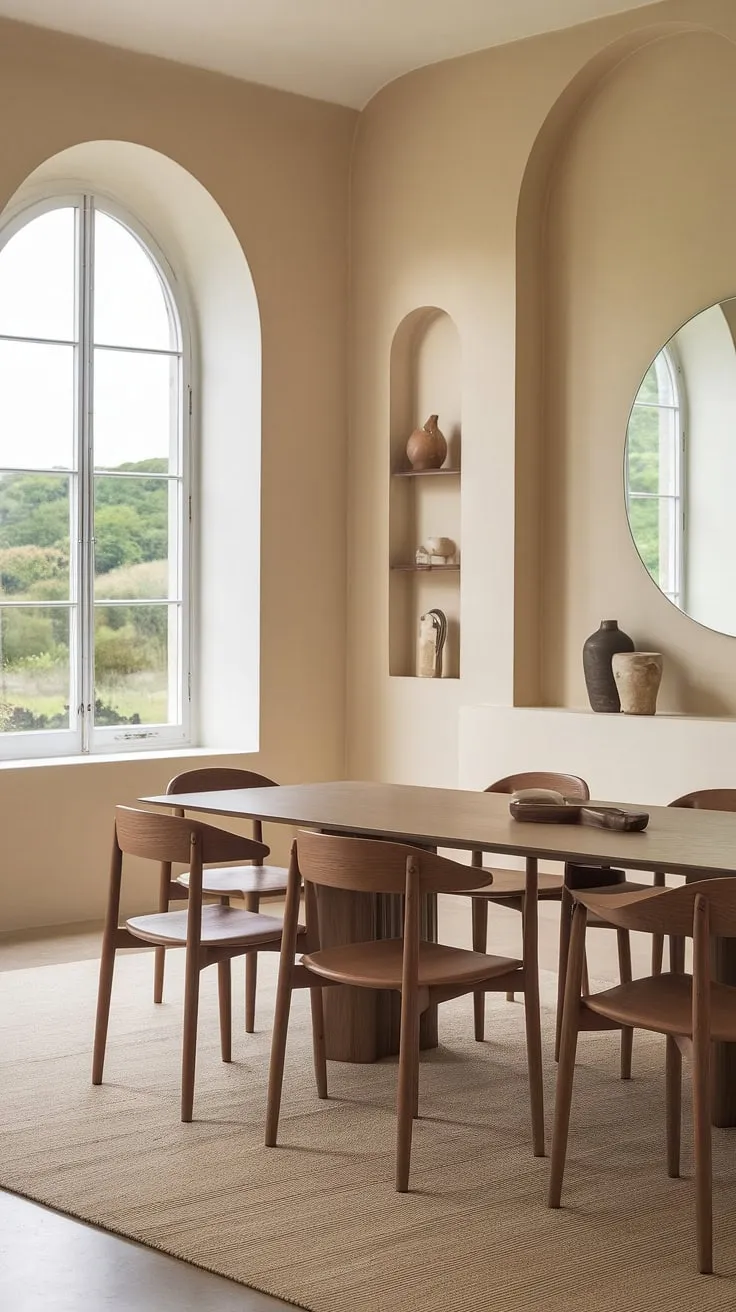 This neutral dining room decor features a modern design with a wooden dining table, six chairs, and a large round mirror, creating perfect dining room inspo for stylish table decor.