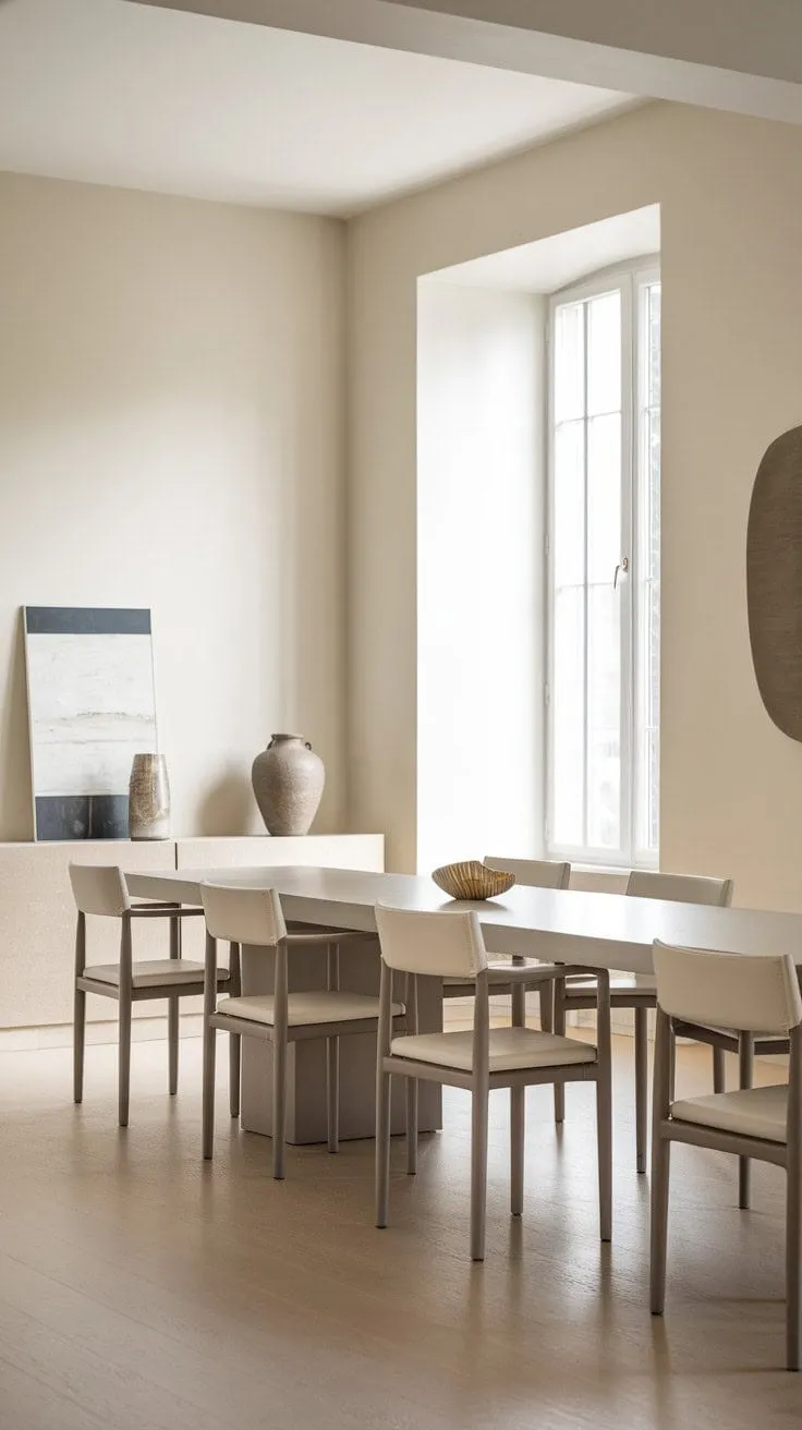 Bathed in sunlight, this serene dining space exudes airy sophistication with its minimalist design, warm wood floors, and thoughtfully curated decor.